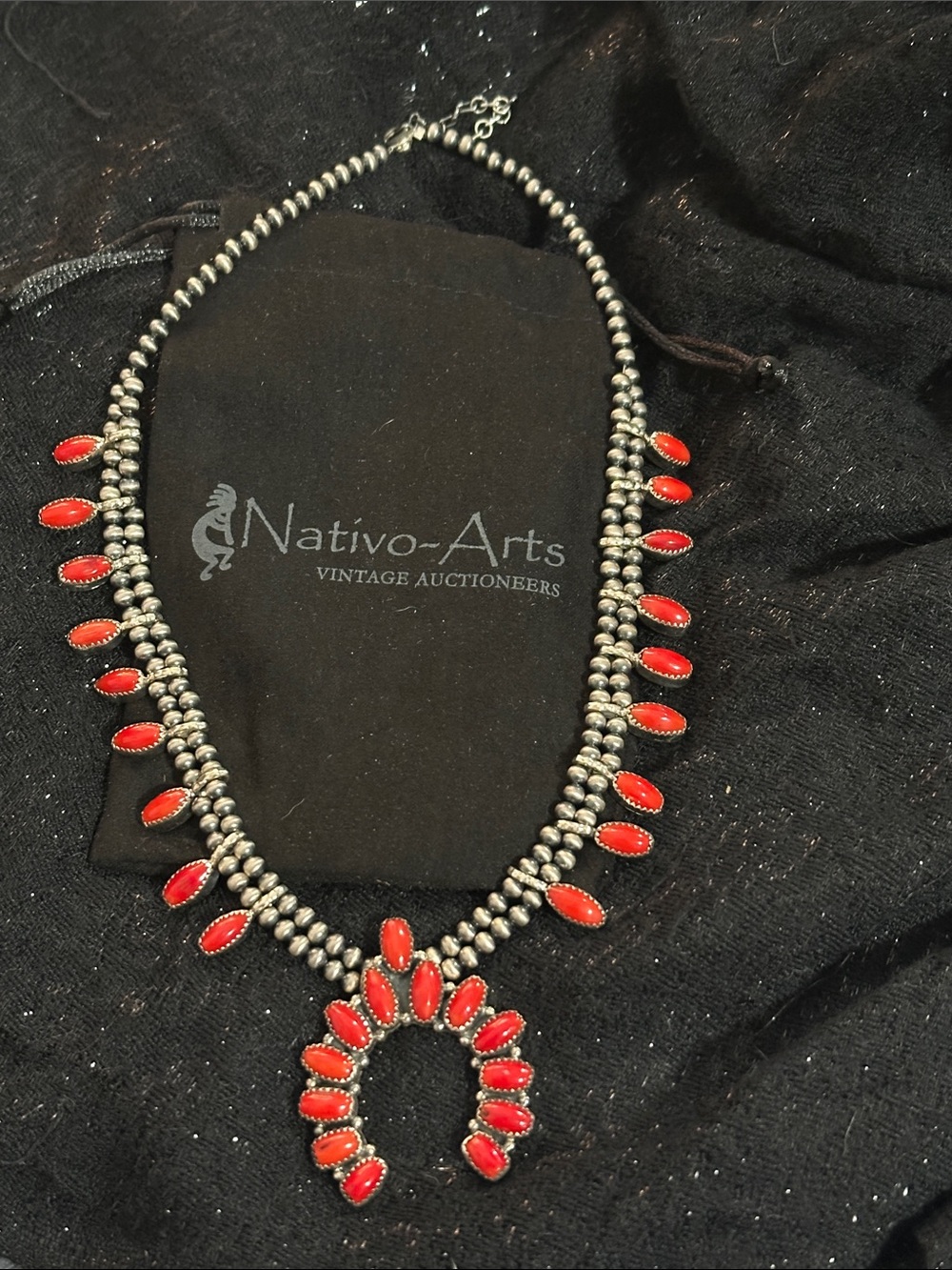 Vintage Navajo Coral and Sterling Squash Blossom Necklace